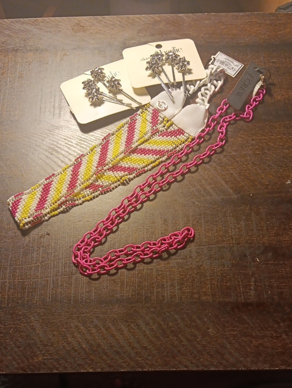 Pink Beaded Chevron Headband with Pink Chain Accent